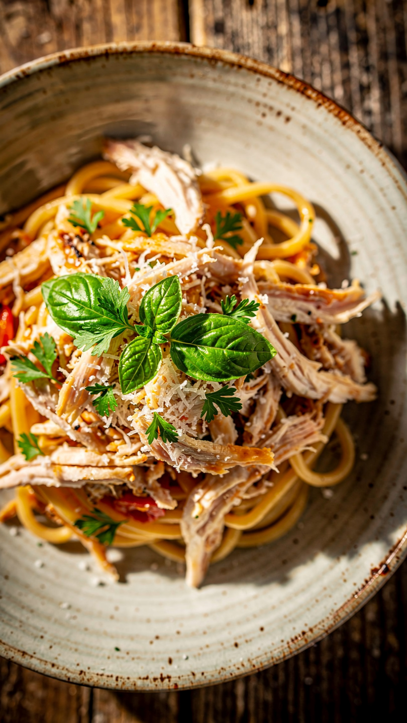 Creamy Shredded Chicken Bacon Ranch Pasta