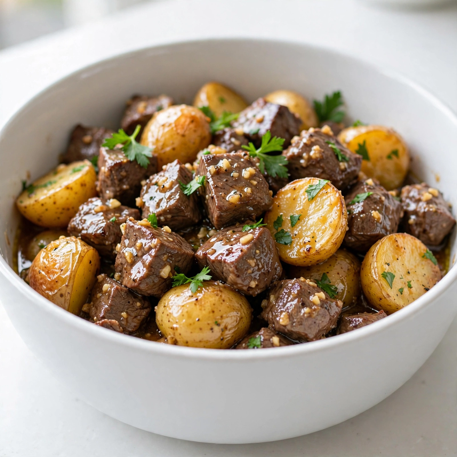 Slow Cooker Garlic Butter Beef Bites with Potatoes